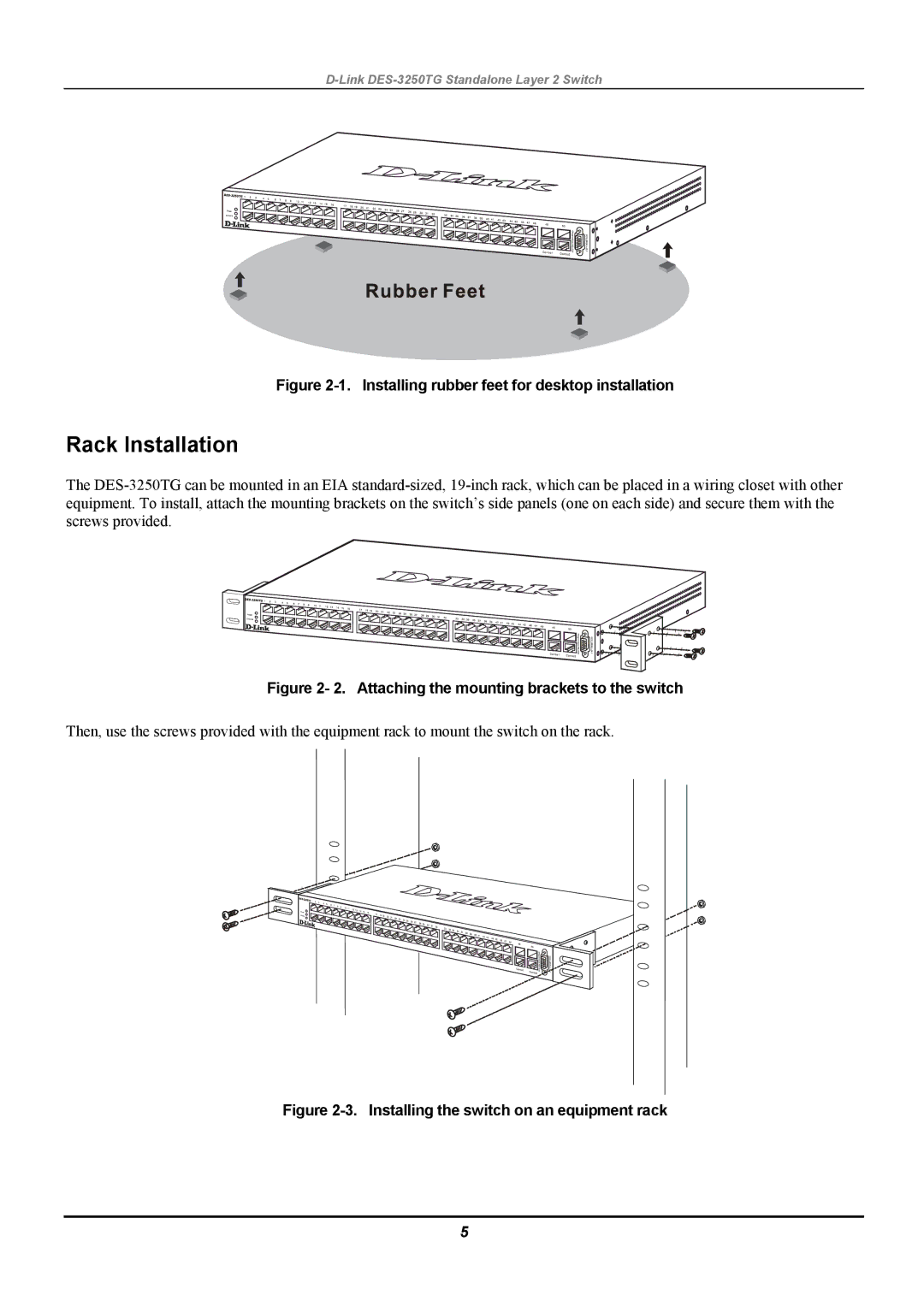 D-Link DES-3250TG manual Rack Installation, Installing rubber feet for desktop installation 