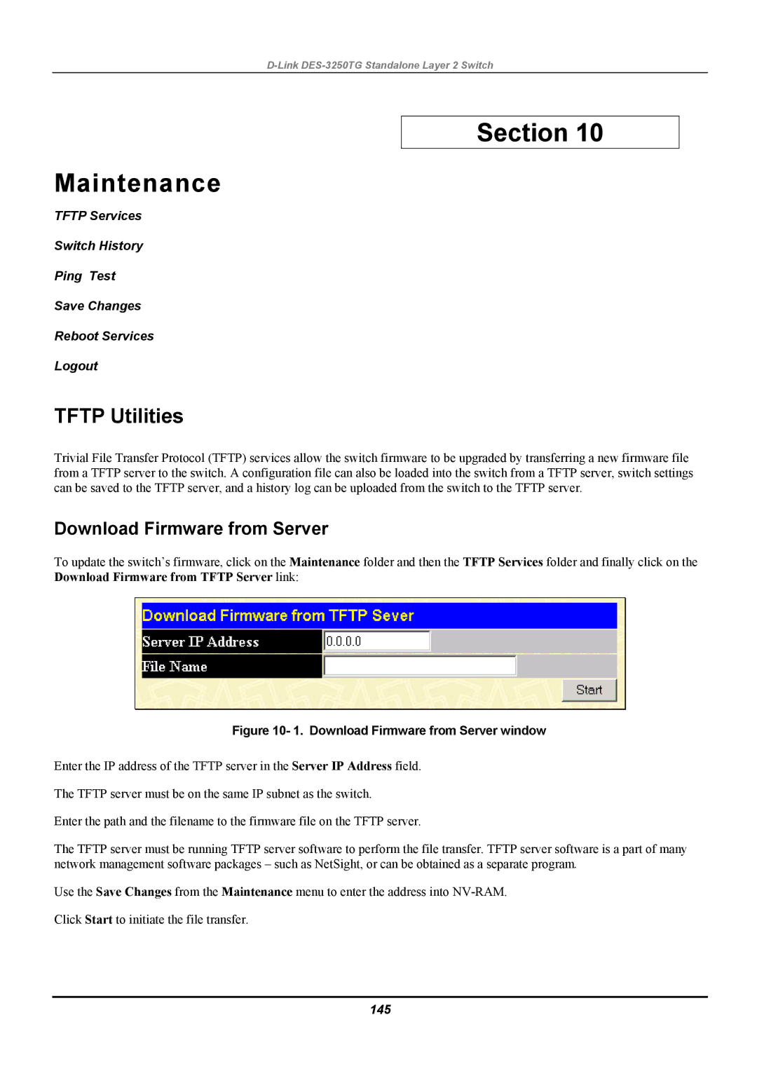 D-Link DES-3250TG manual Section Maintenance, Tftp Utilities, Download Firmware from Server, 145 