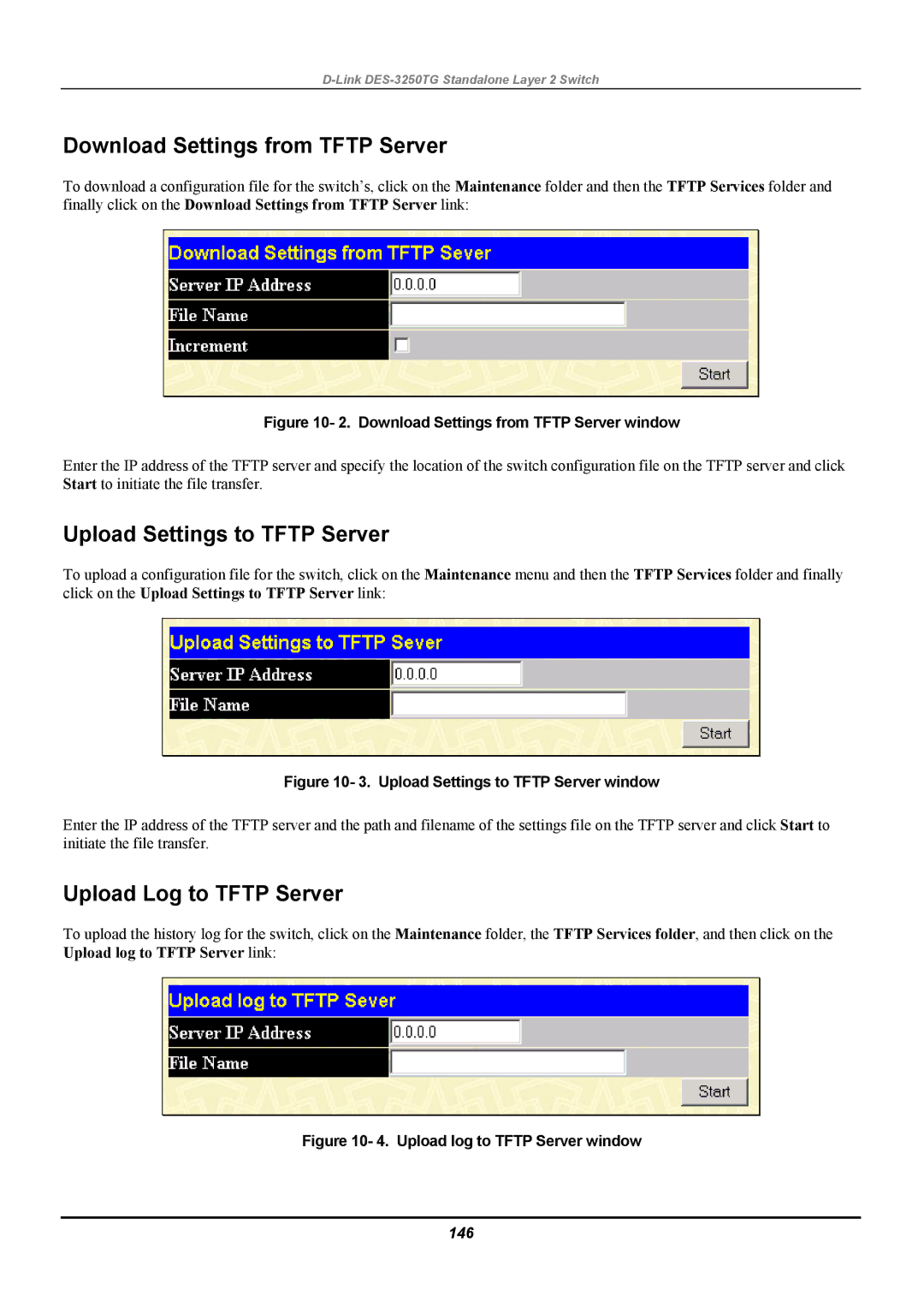 D-Link DES-3250TG manual Download Settings from Tftp Server, Upload Settings to Tftp Server, Upload Log to Tftp Server, 146 