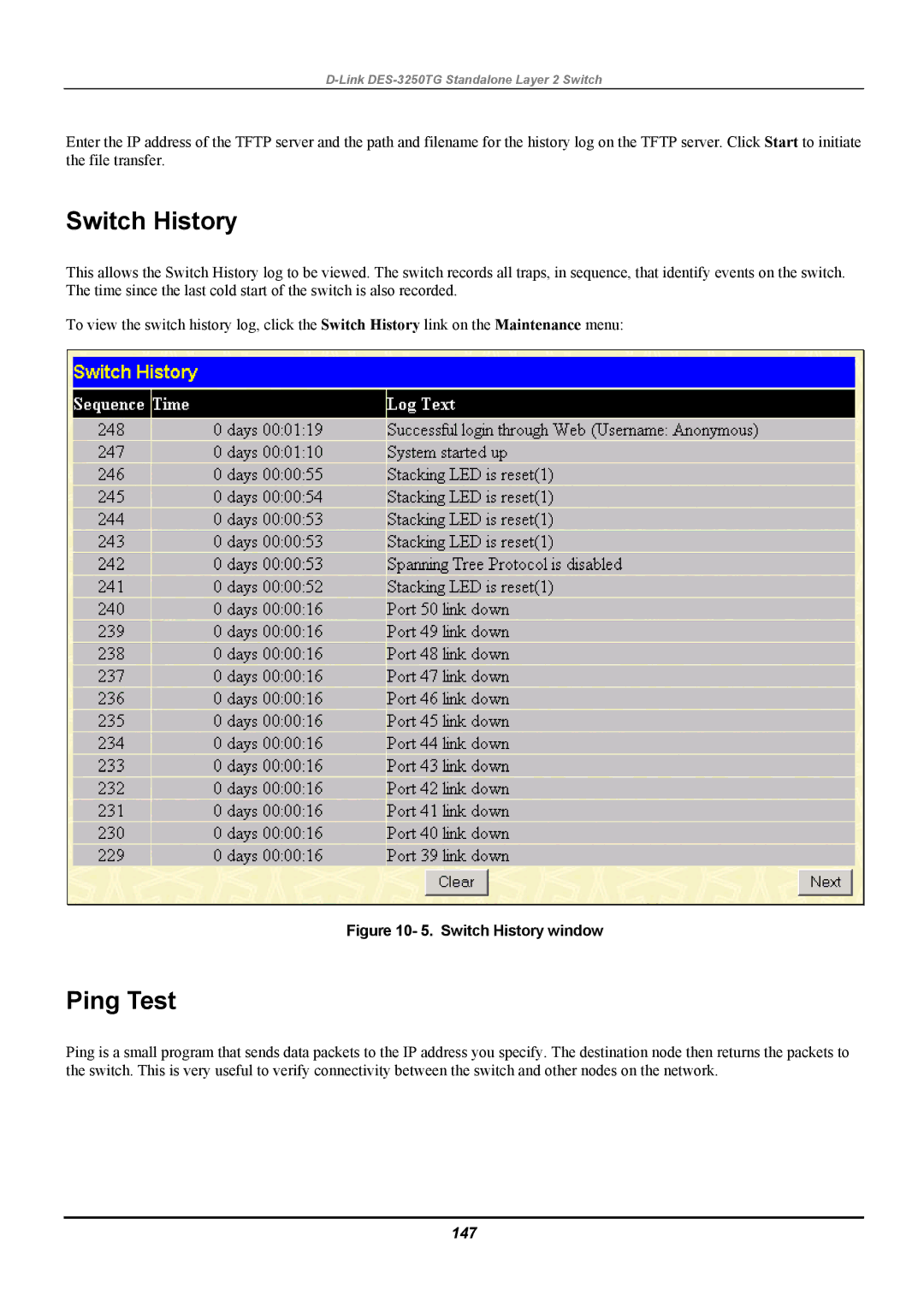 D-Link DES-3250TG manual Switch History, Ping Test, 147 