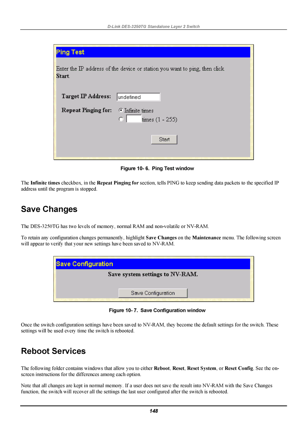 D-Link DES-3250TG manual Reboot Services, 148 