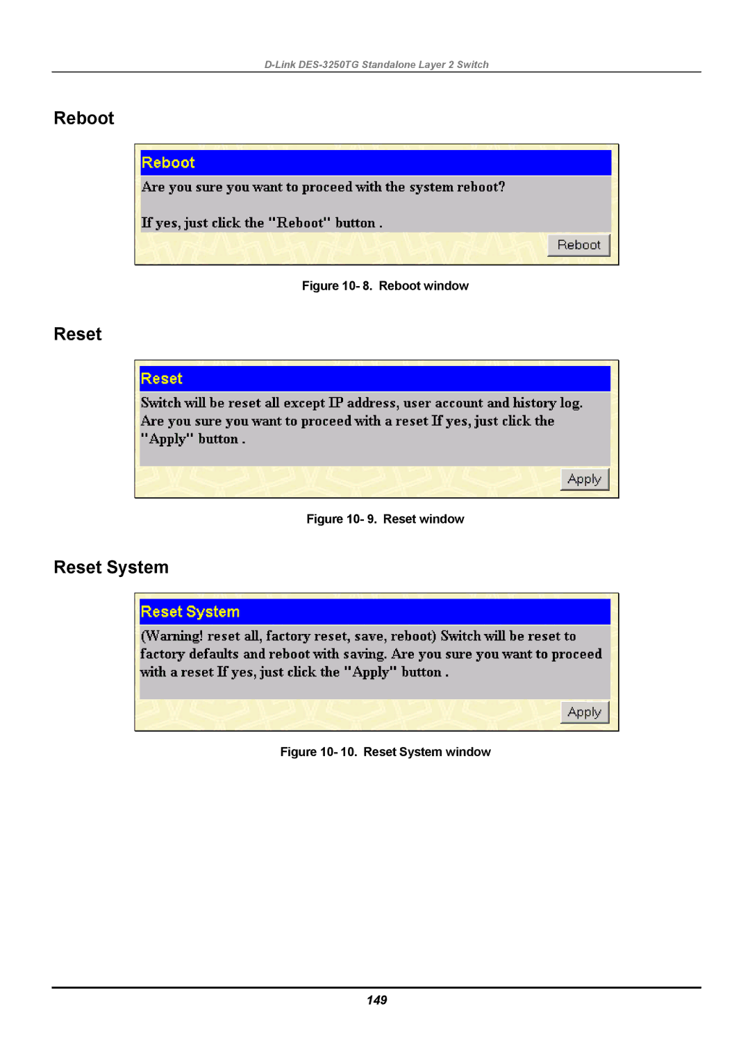 D-Link DES-3250TG manual Reboot, Reset System, 149 