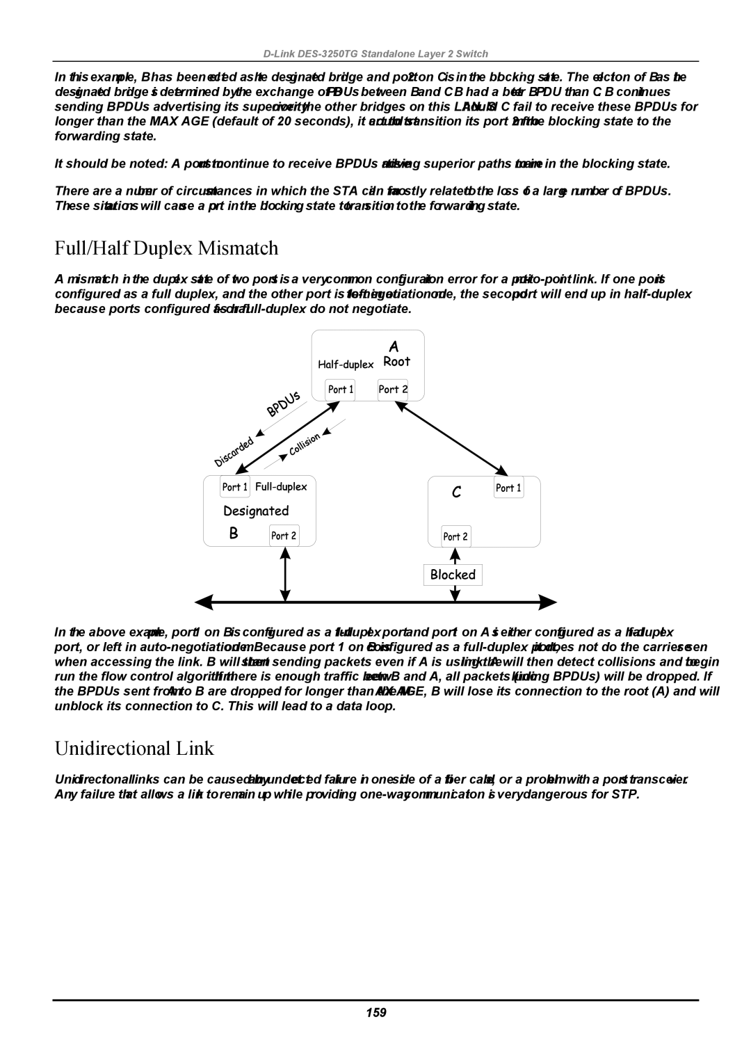 D-Link DES-3250TG manual Full/Half Duplex Mismatch, Unidirectional Link, 159 