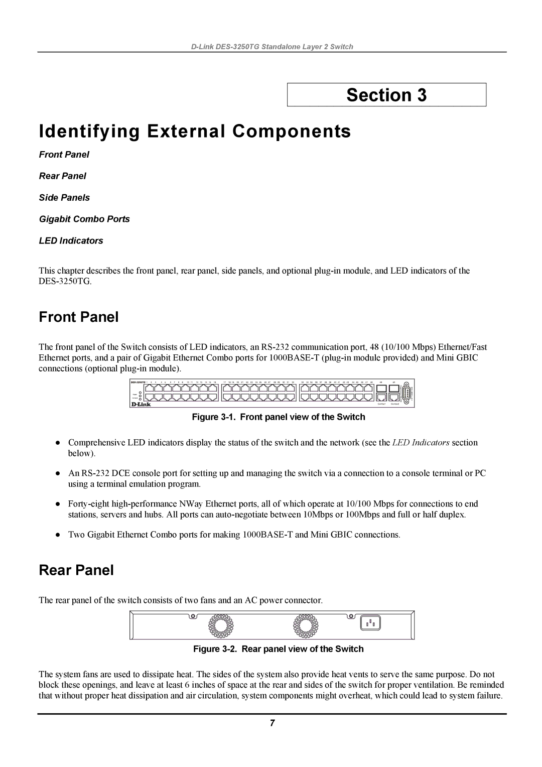 D-Link DES-3250TG manual Section Identifying External Components, Front Panel, Rear Panel 