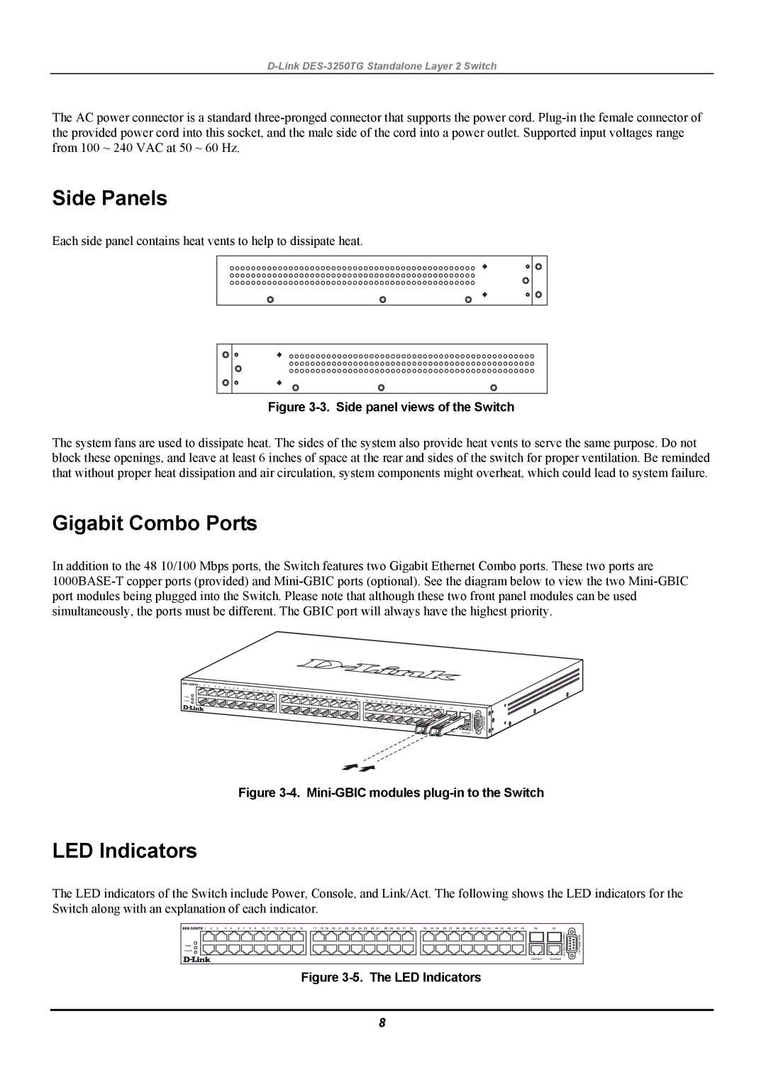 D-Link DES-3250TG manual Side Panels, Gigabit Combo Ports, LED Indicators 