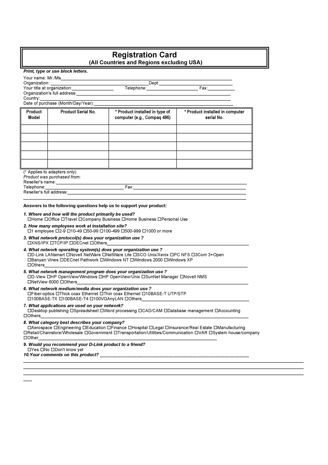 D-Link DES-3250TG manual Registration Card, All Countries and Regions excluding USA 