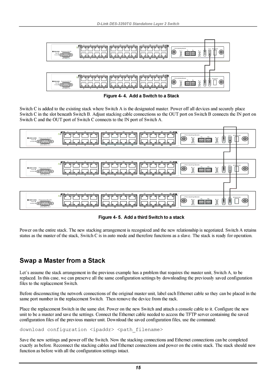 D-Link DES-3250TG manual Swap a Master from a Stack, Download configuration ipaddr pathfilename 