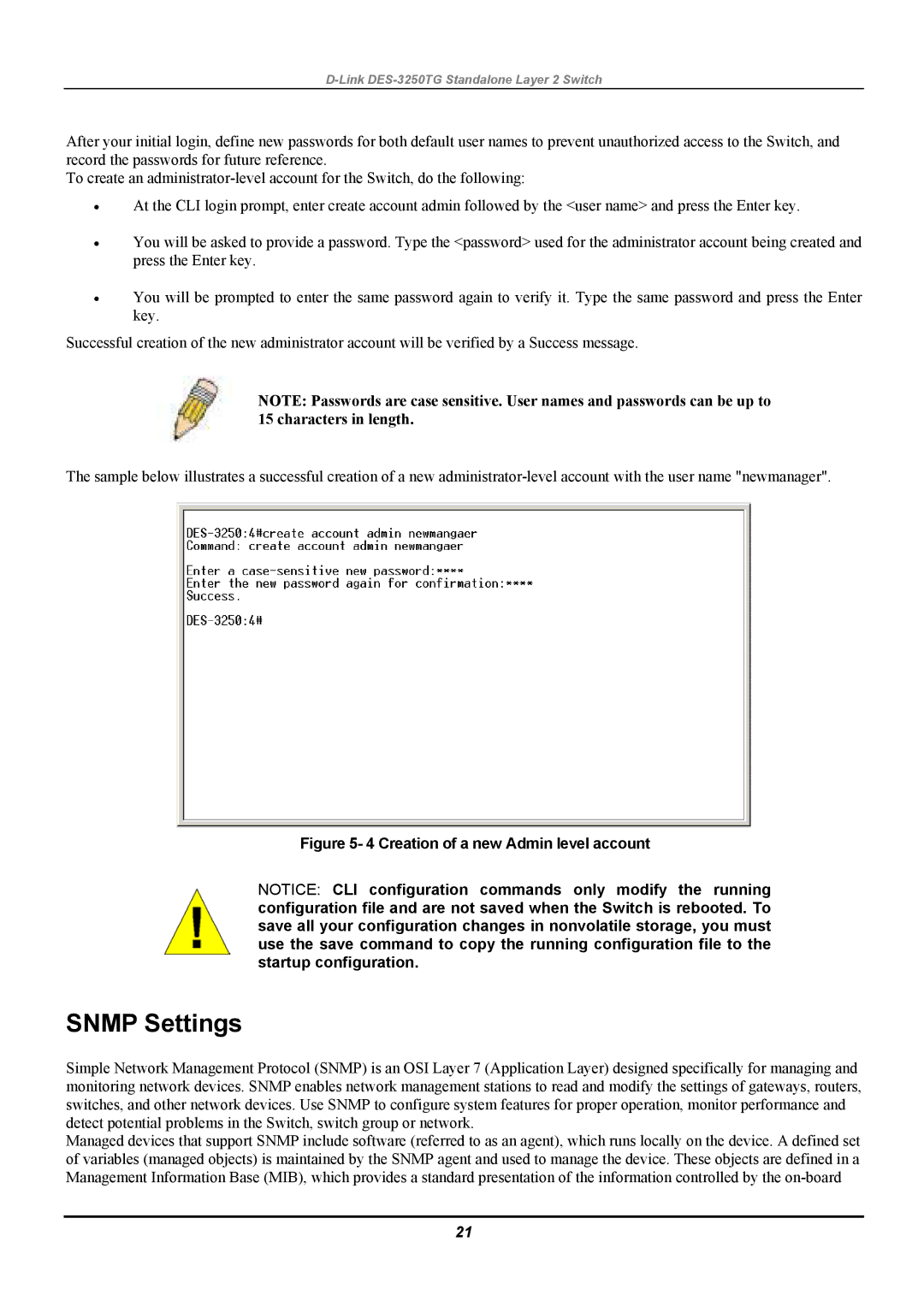 D-Link DES-3250TG manual Snmp Settings, Creation of a new Admin level account 