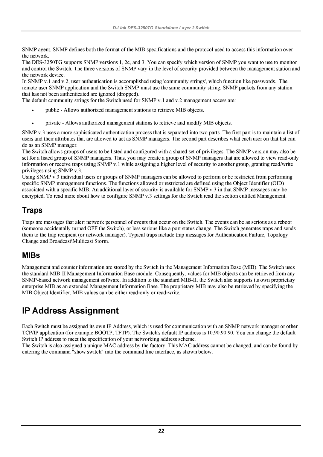 D-Link DES-3250TG manual IP Address Assignment, Traps, MIBs 