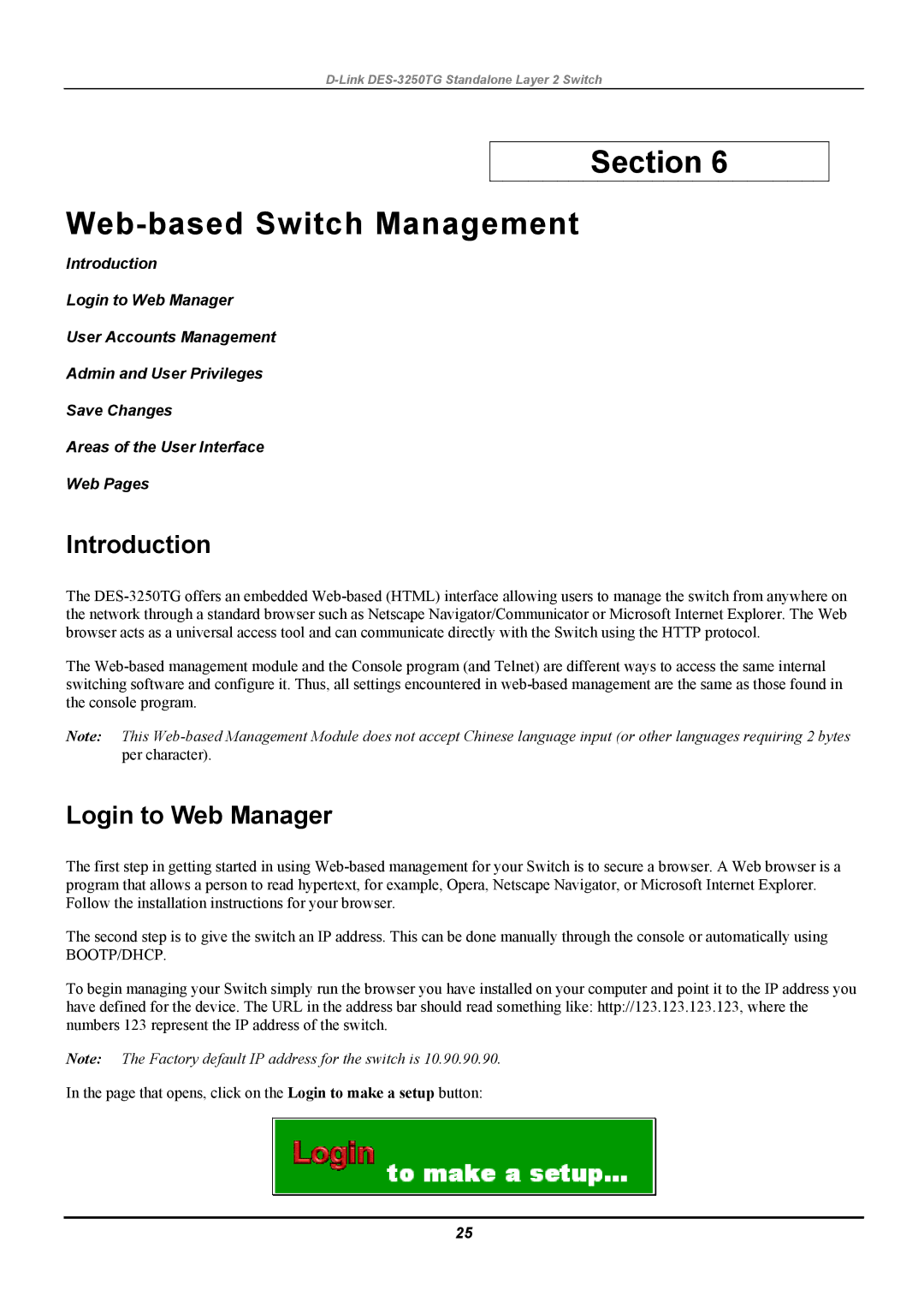 D-Link DES-3250TG manual Section Web-based Switch Management, Introduction, Login to Web Manager 