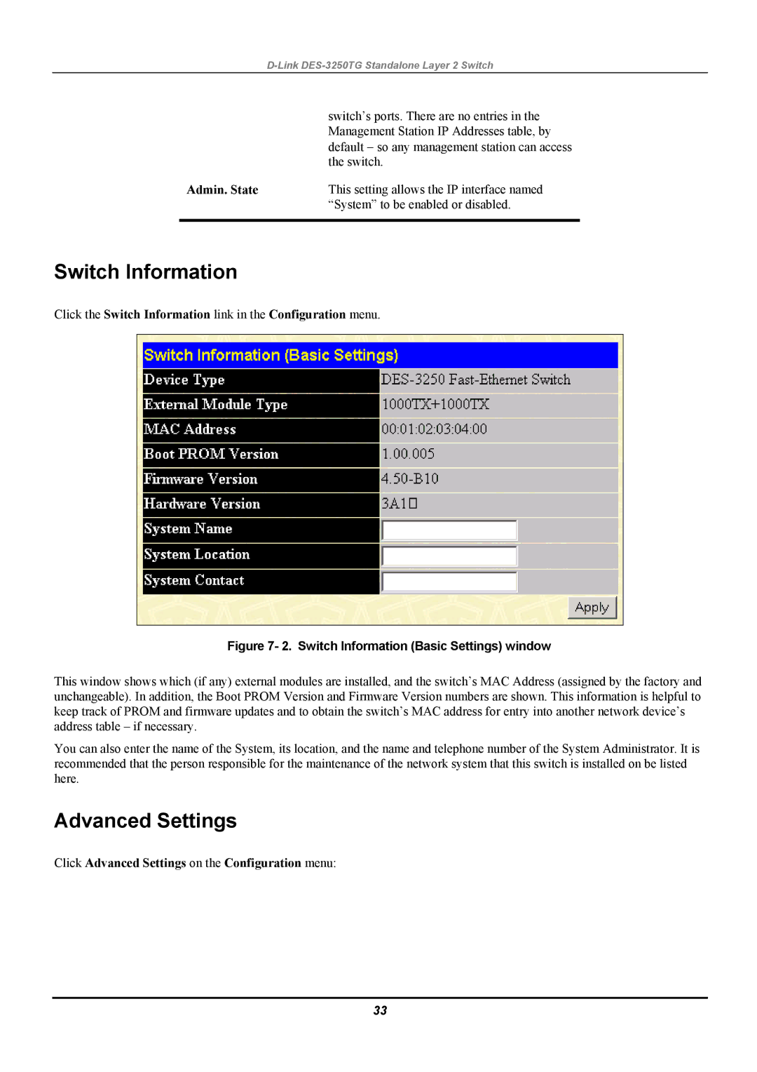 D-Link DES-3250TG manual Switch Information, Admin. State, Click Advanced Settings on the Configuration menu 