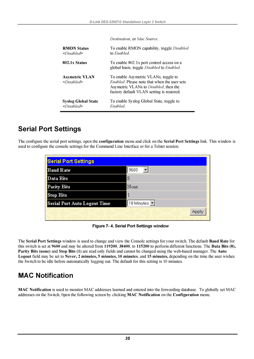 D-Link DES-3250TG manual Serial Port Settings, MAC Notification 