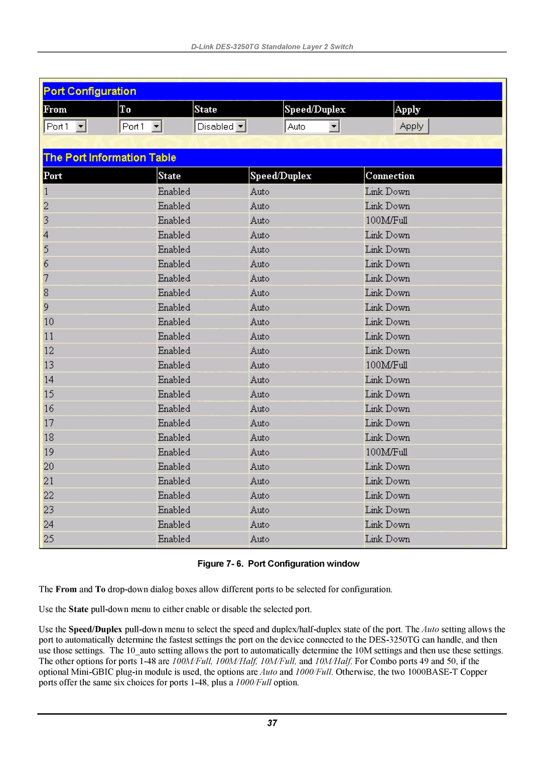 D-Link DES-3250TG manual Port Configuration window 