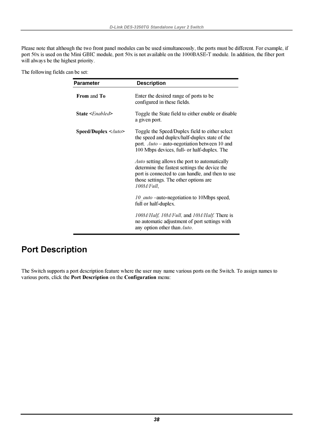 D-Link DES-3250TG manual Port Description, From and To, State Enabled, Speed/Duplex Auto 