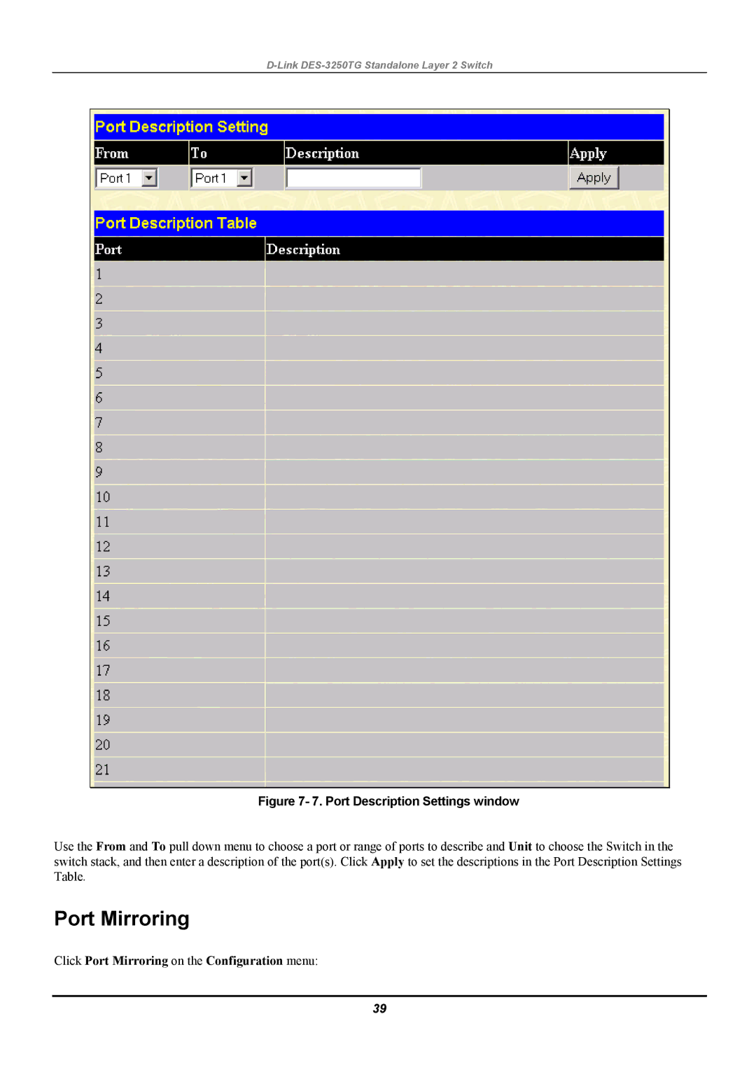 D-Link DES-3250TG manual Click Port Mirroring on the Configuration menu 