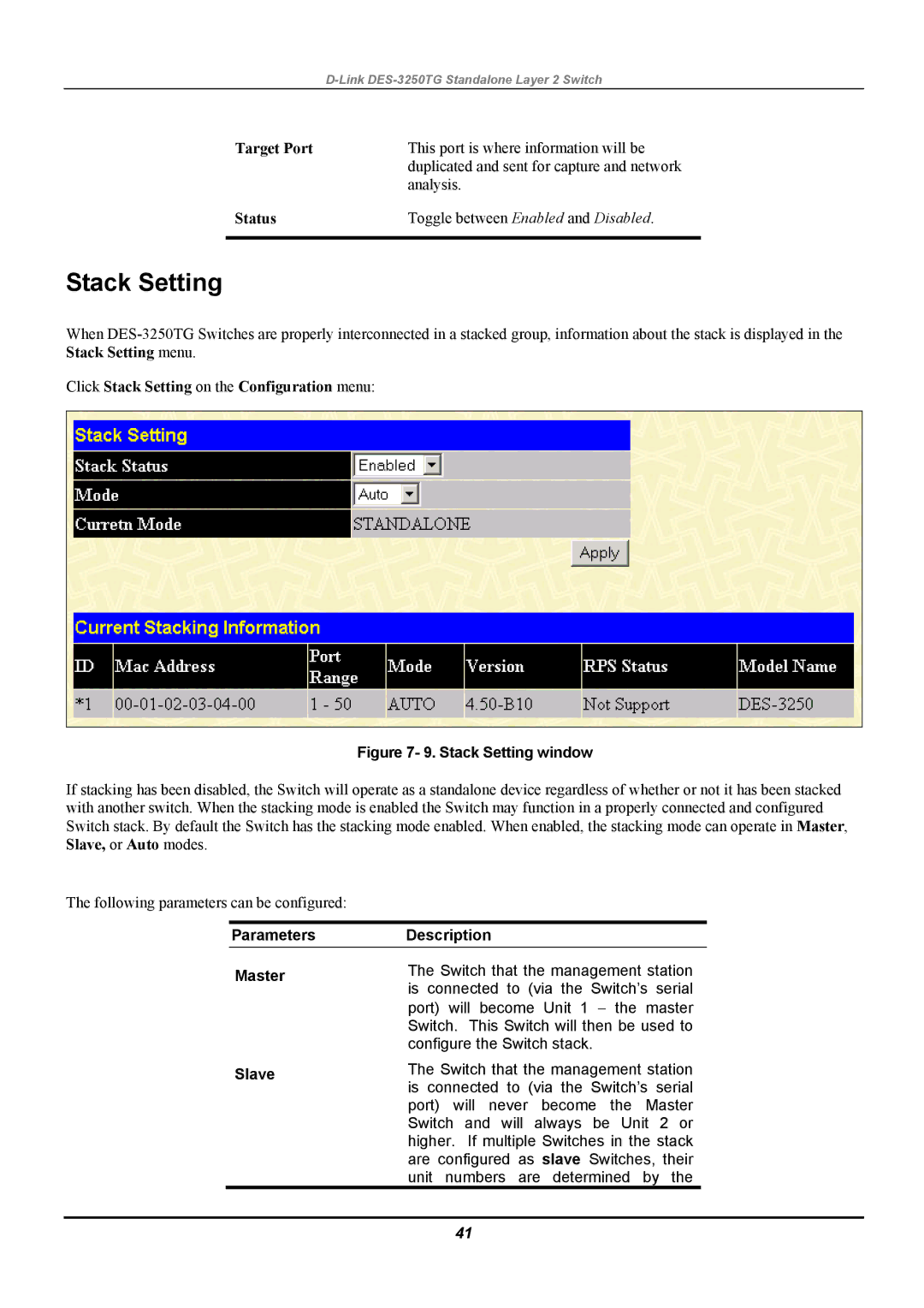 D-Link DES-3250TG manual Target Port, Status, Click Stack Setting on the Configuration menu 