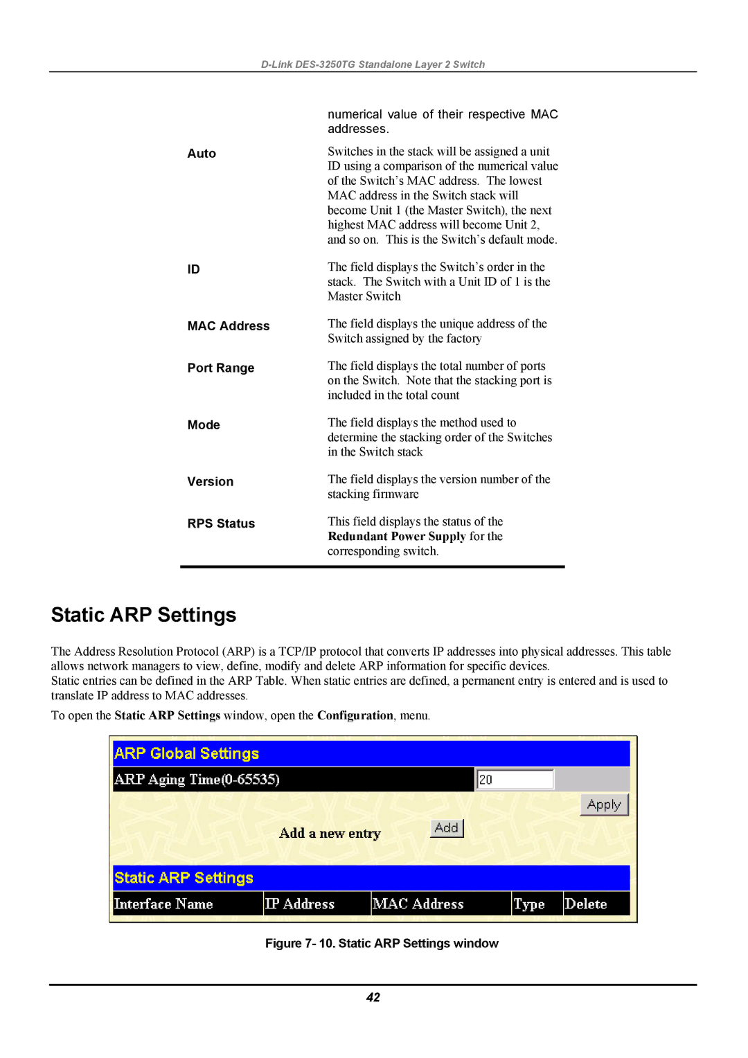 D-Link DES-3250TG manual Static ARP Settings, Auto MAC Address Port Range Mode Version RPS Status 