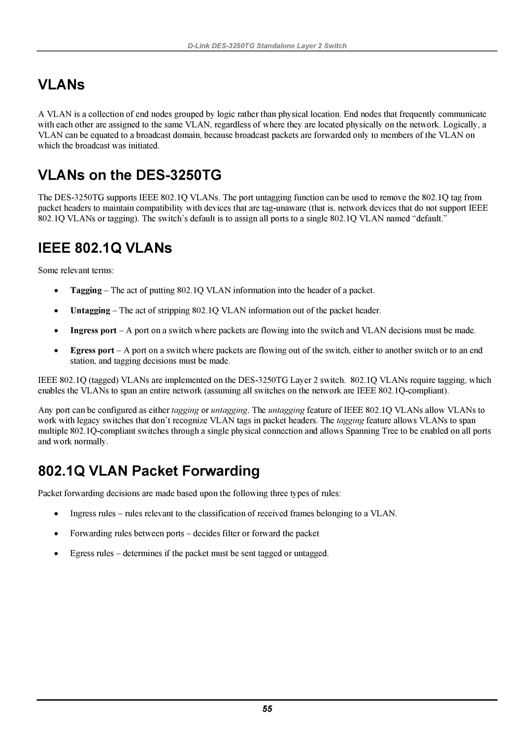 D-Link manual VLANs on the DES-3250TG, Ieee 802.1Q VLANs, 802.1Q Vlan Packet Forwarding 