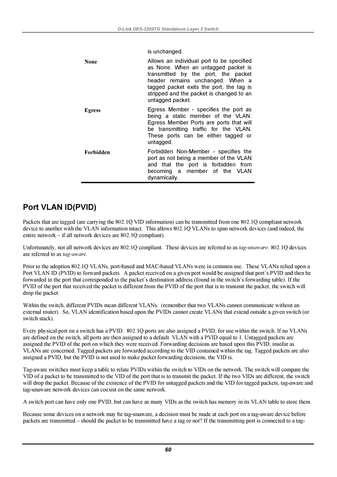 D-Link DES-3250TG manual Port Vlan Idpvid, None Egress, Forbidden 