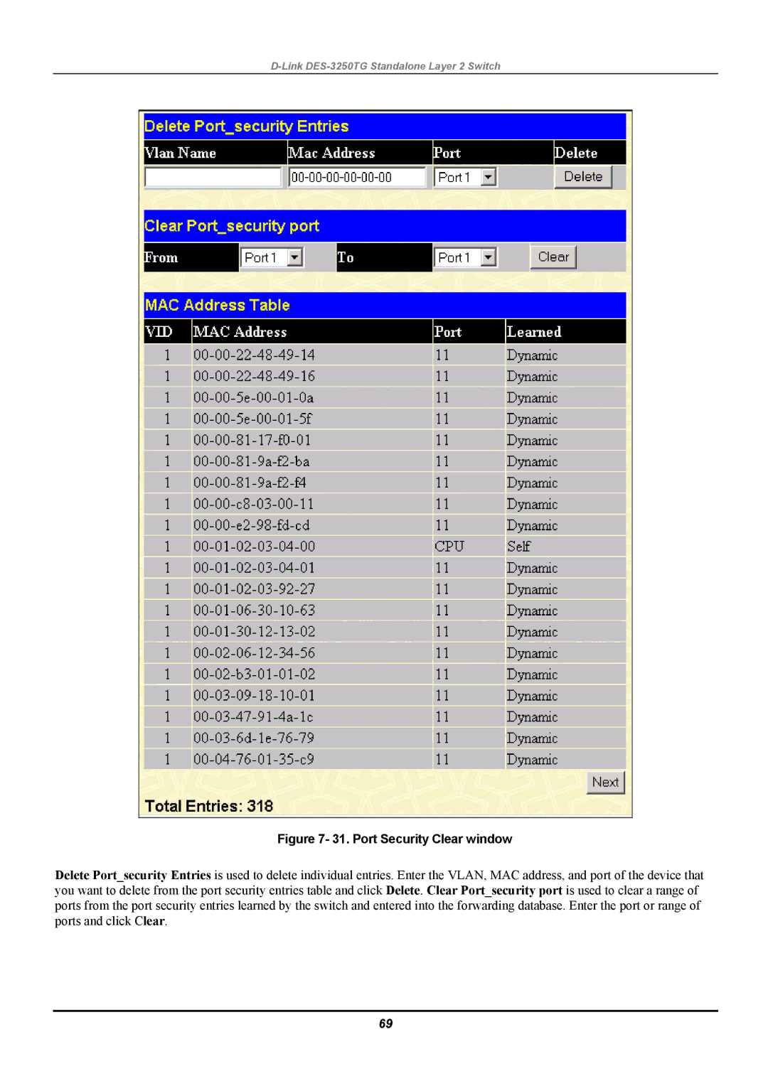 D-Link DES-3250TG manual Port Security Clear window 