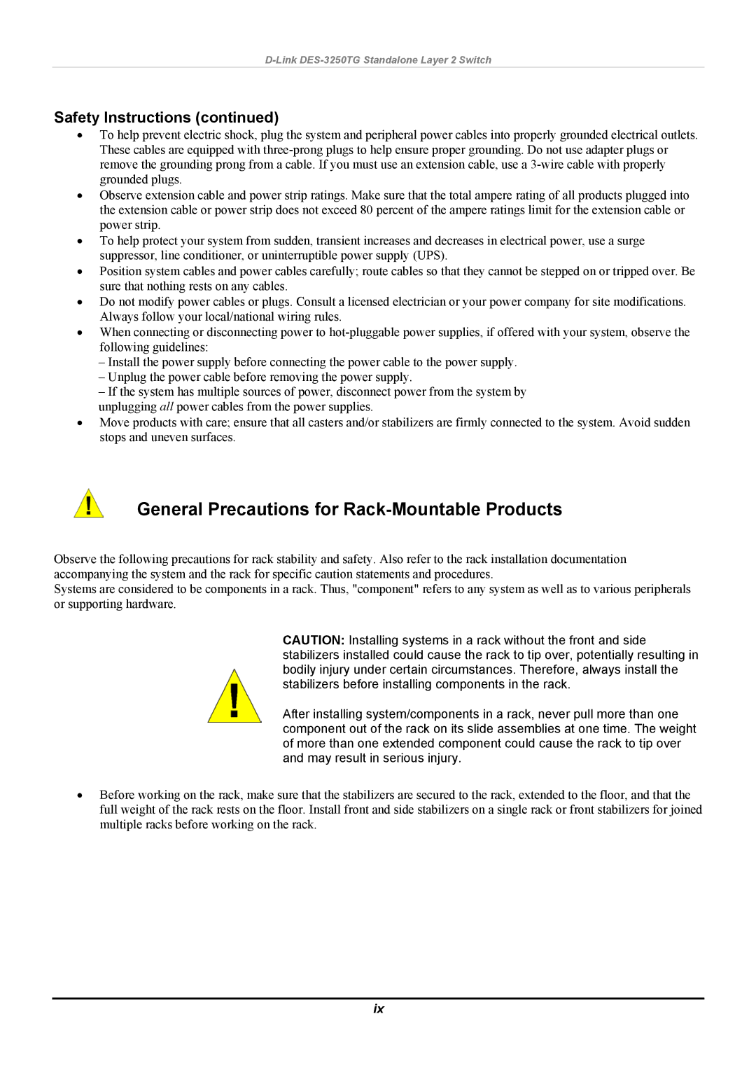 D-Link DES-3250TG manual General Precautions for Rack-Mountable Products, Safety Instructions 