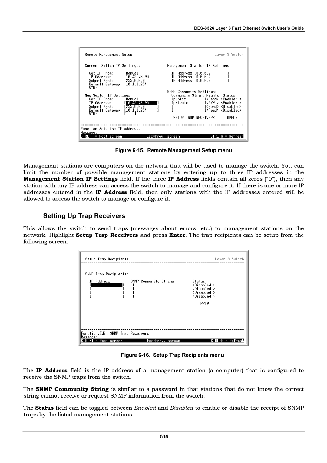 D-Link DES-3326 manual Setting Up Trap Receivers, 100 