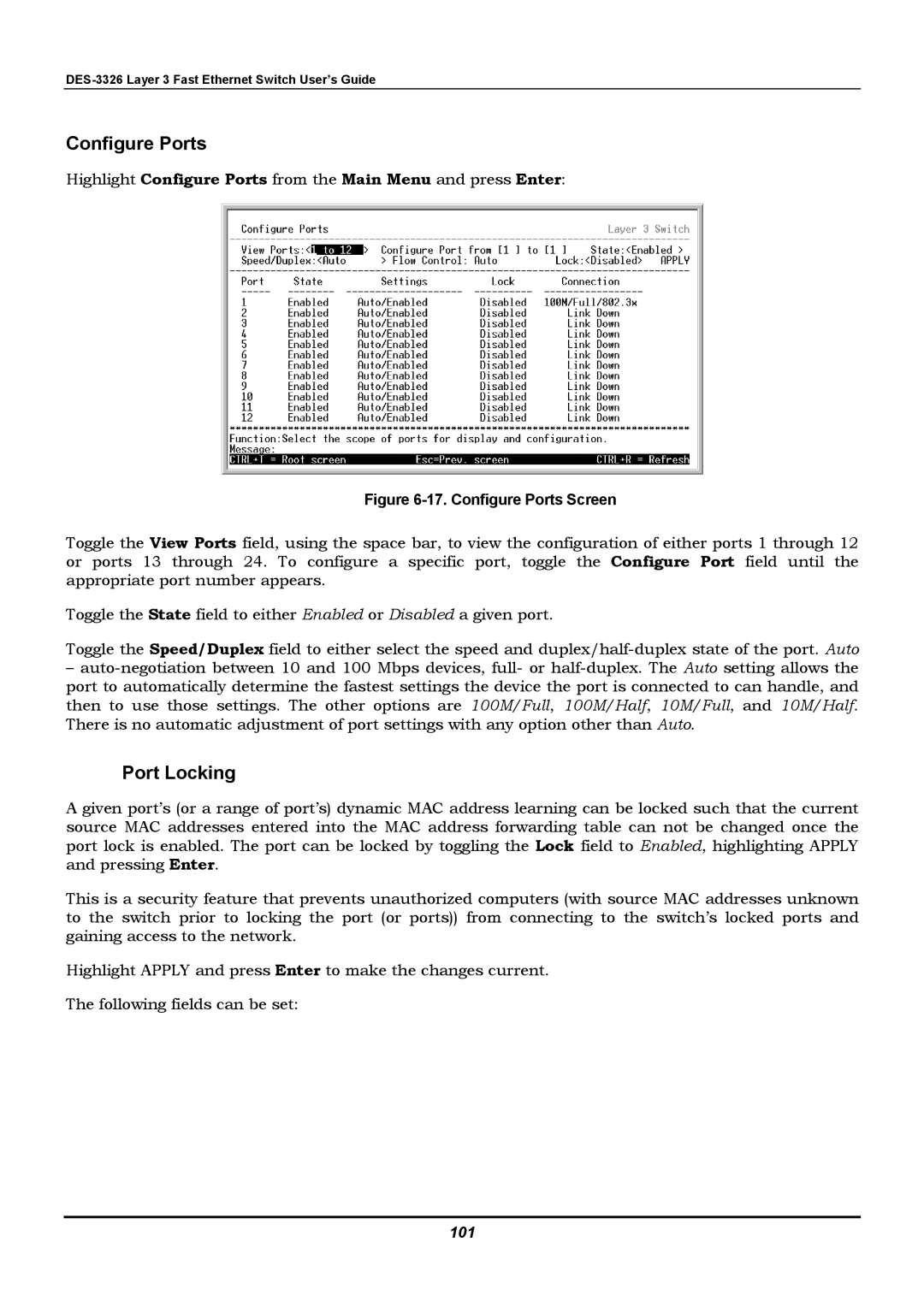 D-Link DES-3326 manual Configure Ports, Port Locking, 101 