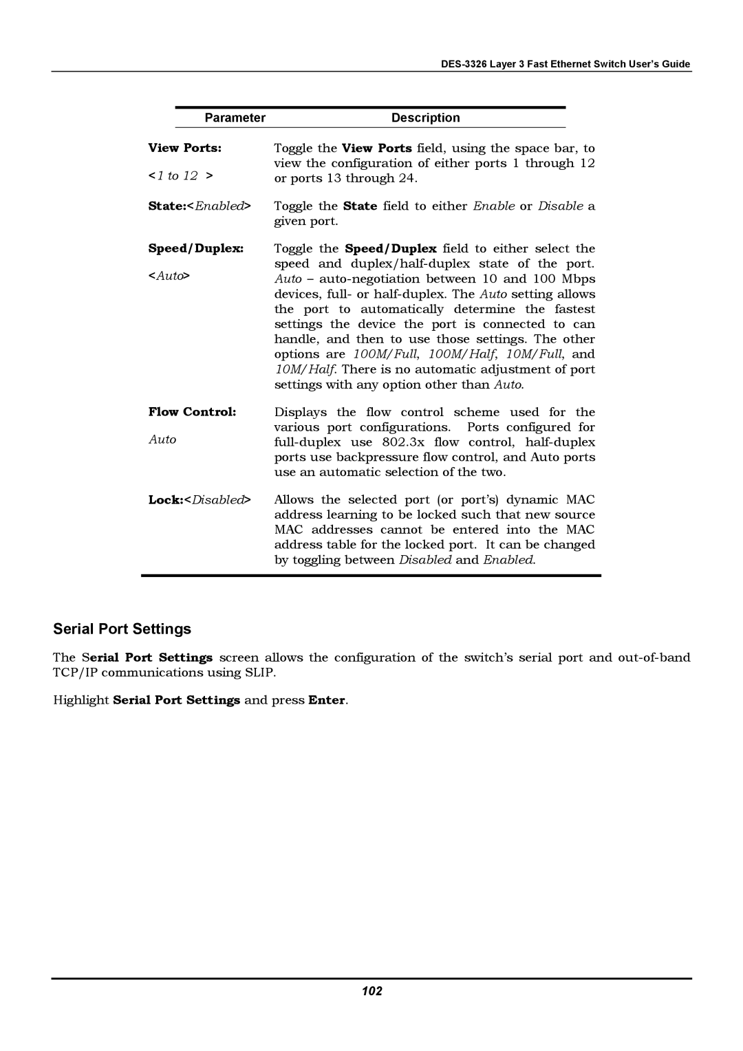 D-Link DES-3326 manual Serial Port Settings, View Ports 1 to 12 StateEnabled Speed/Duplex Auto, Flow Control, 102 