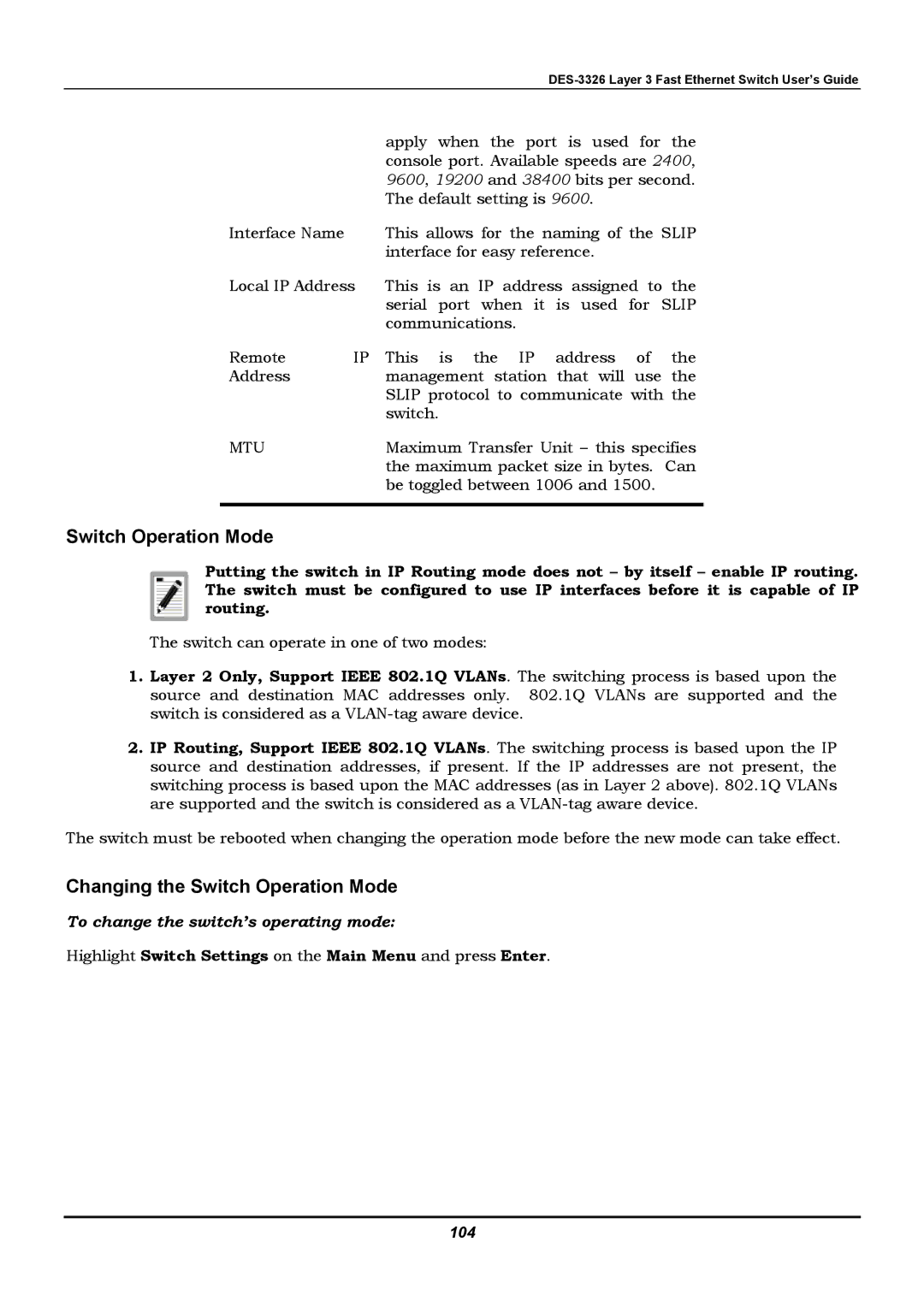 D-Link DES-3326 manual Changing the Switch Operation Mode, To change the switch’s operating mode, 104 