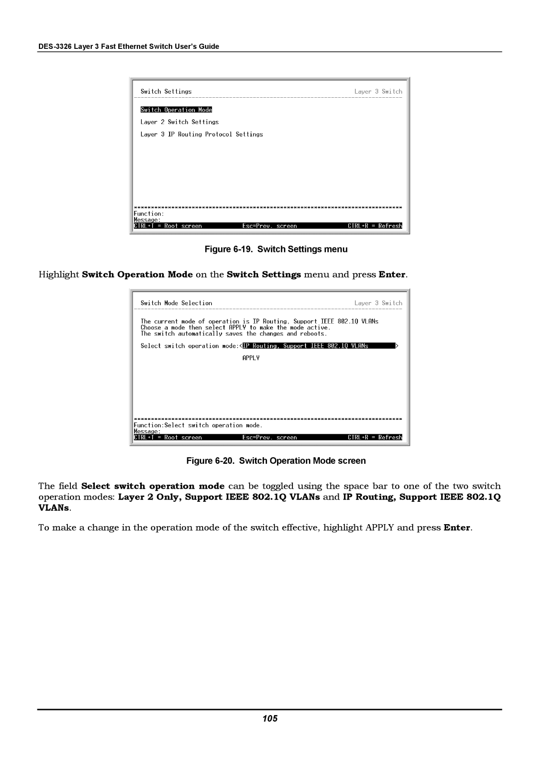 D-Link DES-3326 manual Switch Settings menu, 105 