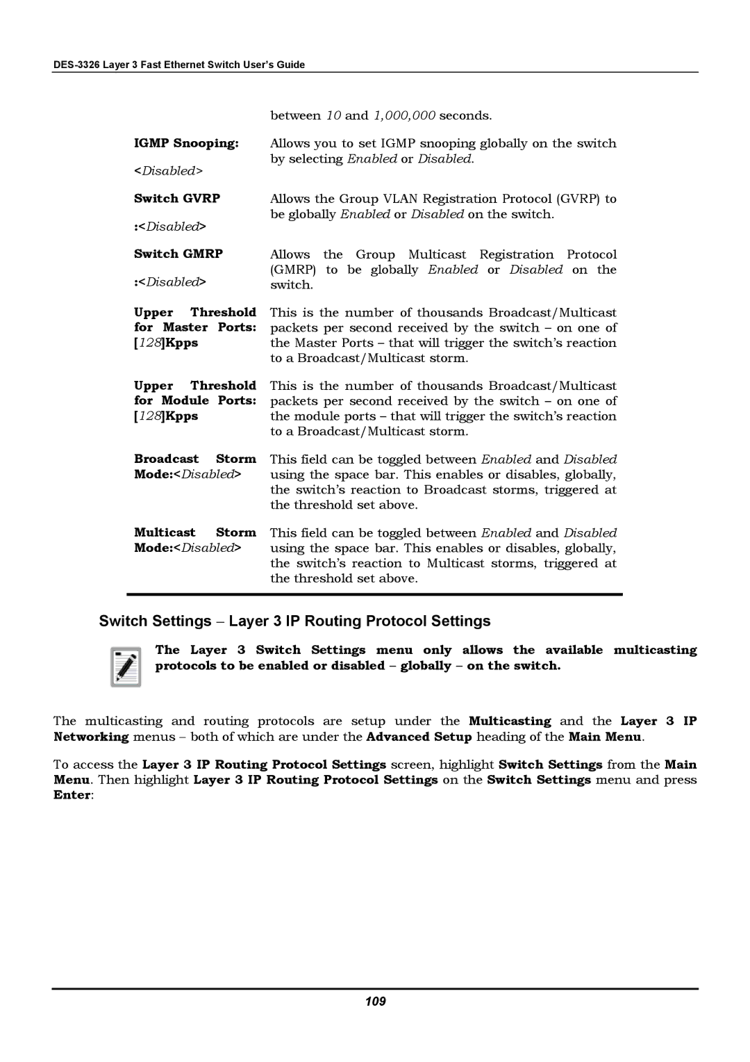 D-Link DES-3326 manual Switch Settings − Layer 3 IP Routing Protocol Settings 