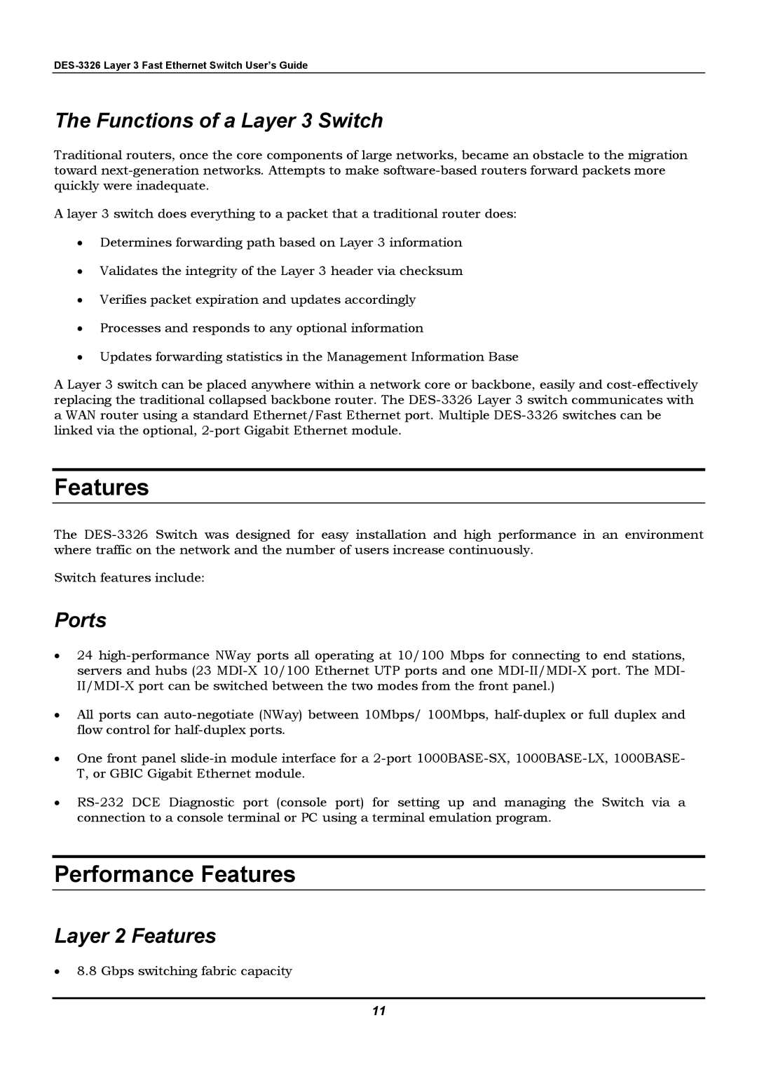 D-Link DES-3326 manual Performance Features, Functions of a Layer 3 Switch, Ports, Layer 2 Features 