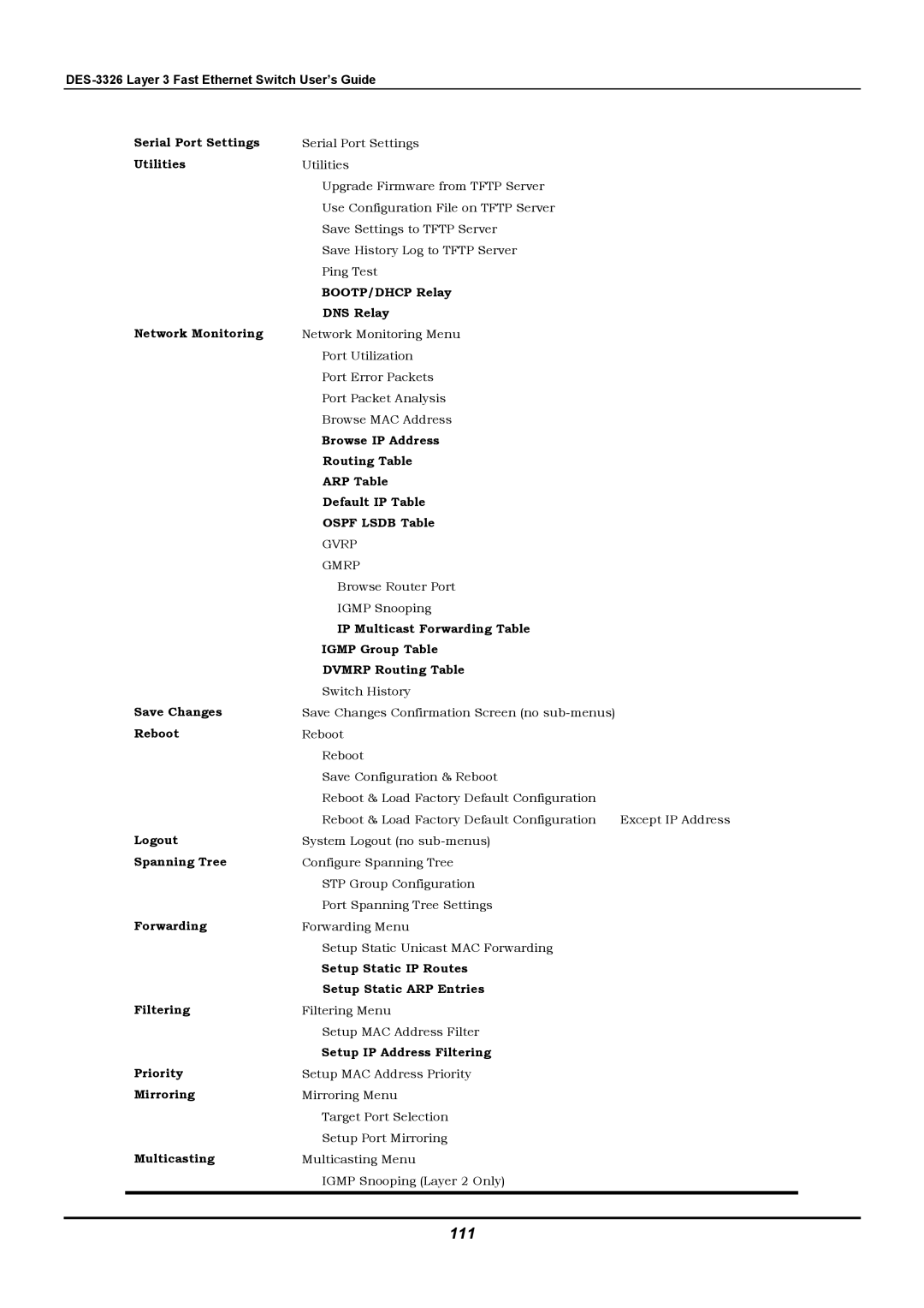 D-Link DES-3326 manual 111, BOOTP/DHCP Relay DNS Relay 