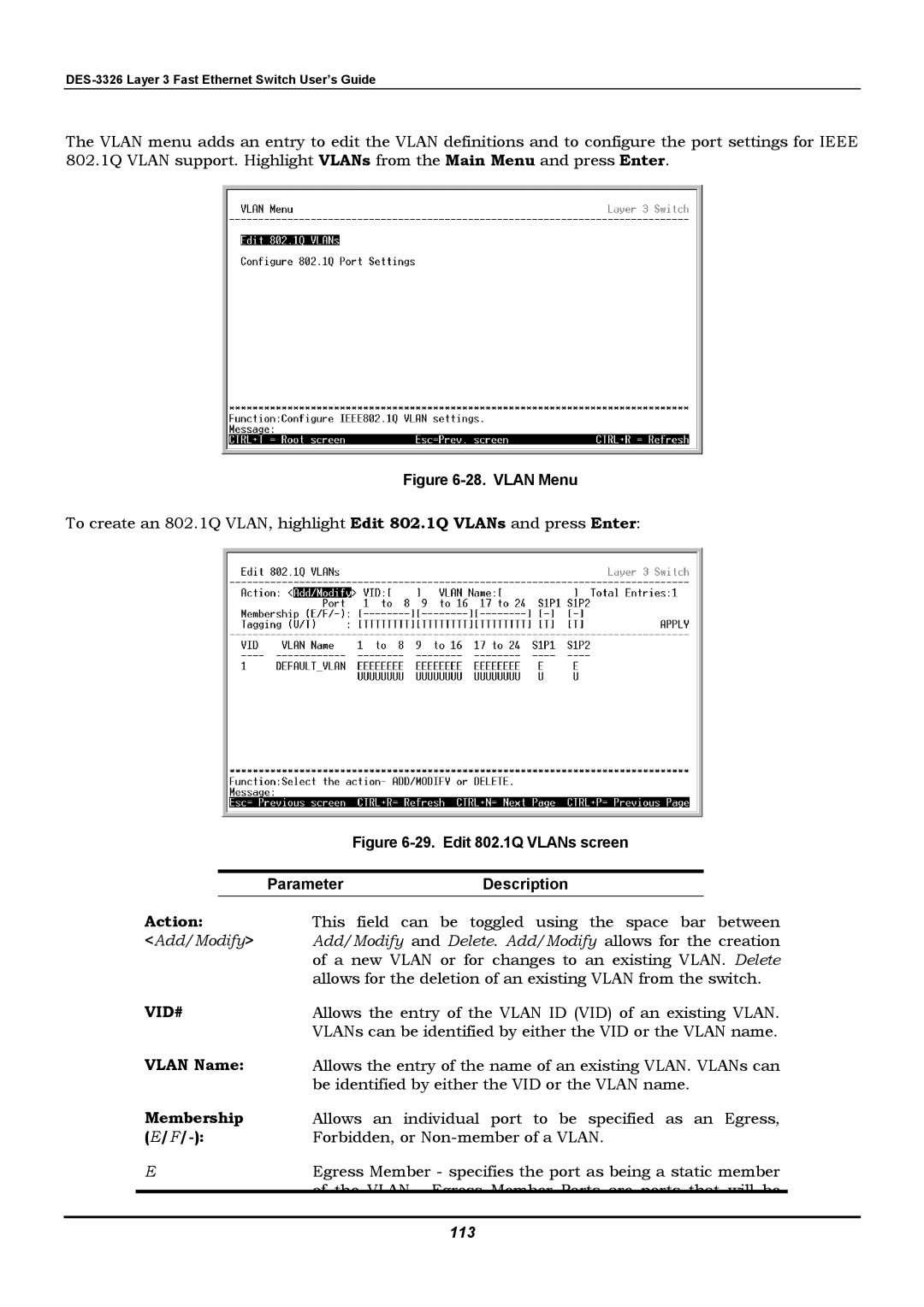 D-Link DES-3326 manual Action, Vlan Name, Membership, 113 