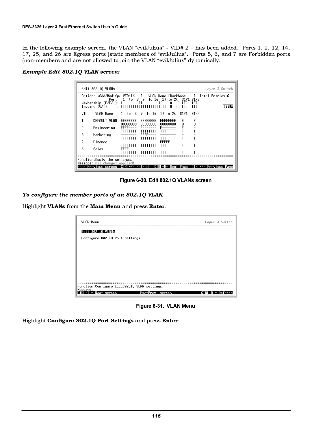 D-Link DES-3326 manual Example Edit 802.1Q Vlan screen, To configure the member ports of an 802.1Q Vlan, 115 