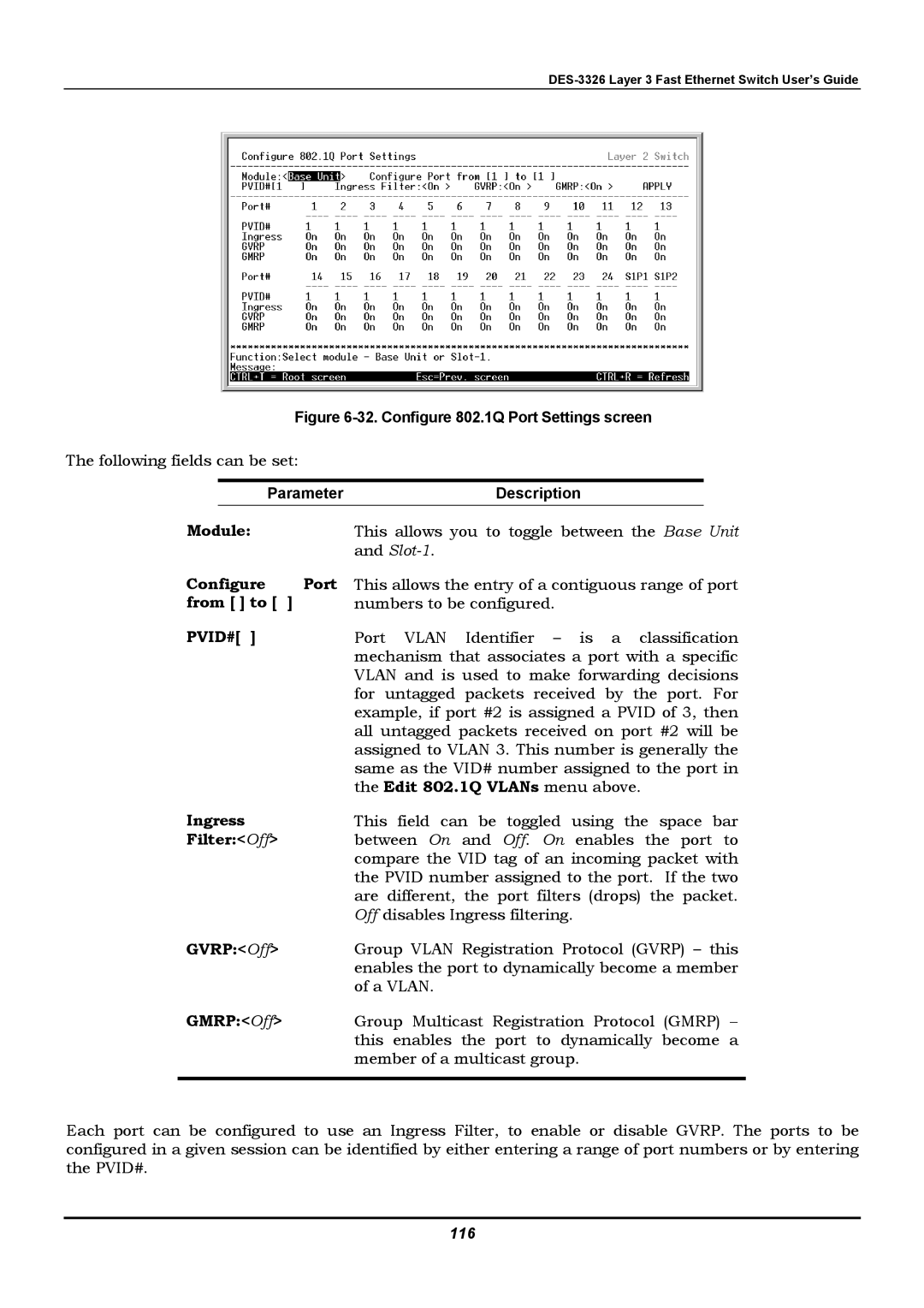 D-Link DES-3326 manual Module, Configure Port, From to, Pvid#, Edit 802.1Q VLANs menu above, Ingress, Filter Off, Gvrp Off 