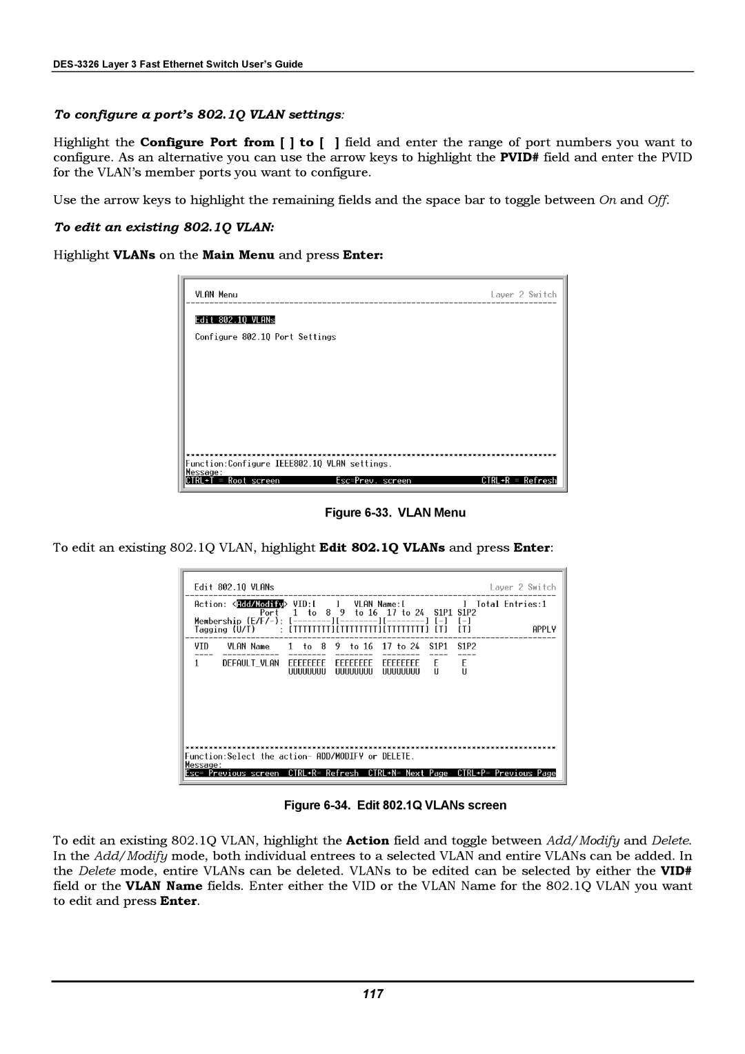 D-Link DES-3326 manual To configure a port’s 802.1Q Vlan settings, To edit an existing 802.1Q Vlan, 117 