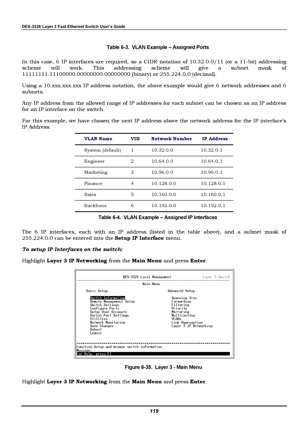 D-Link DES-3326 manual To setup IP Interfaces on the switch, 119 