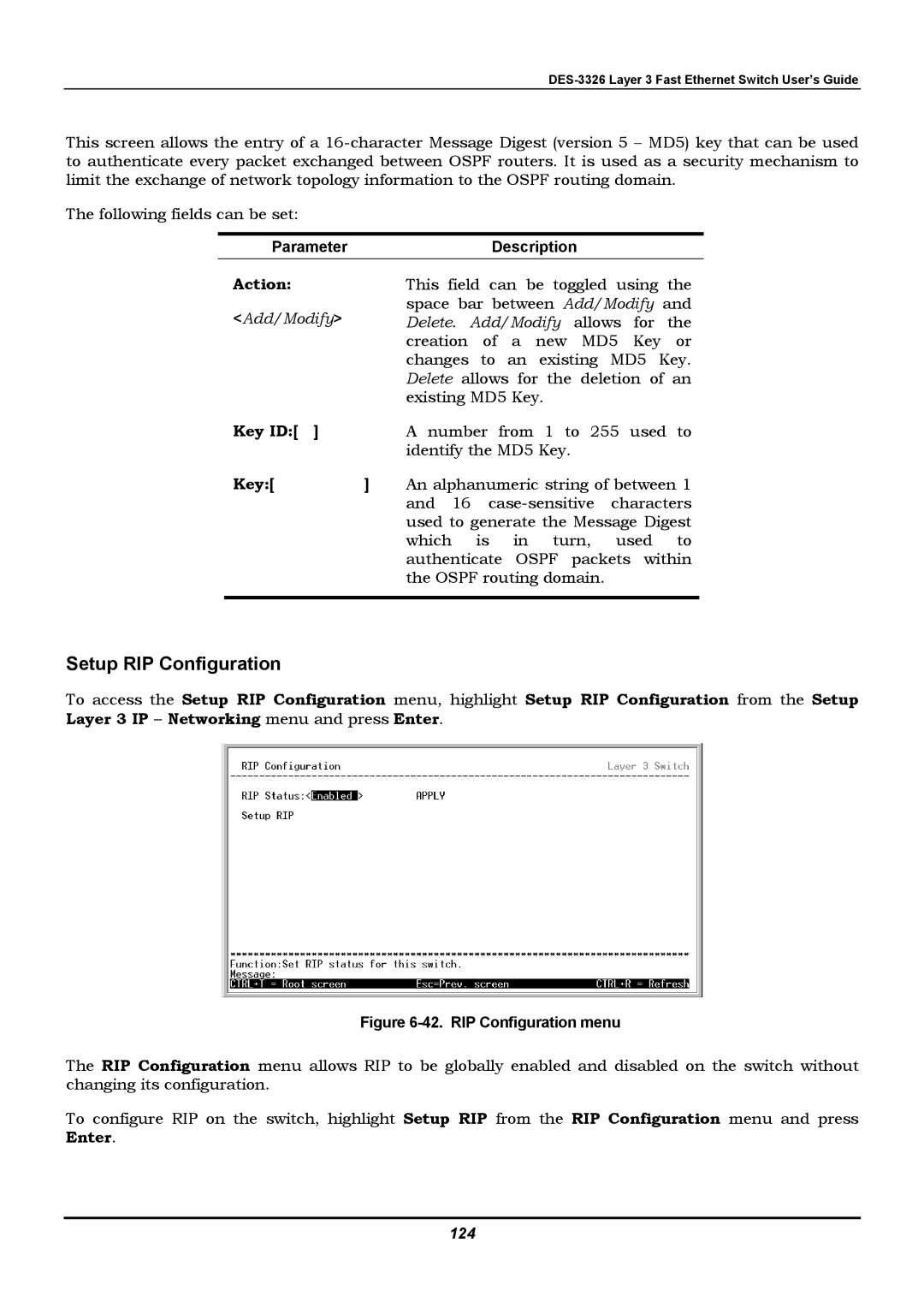 D-Link DES-3326 manual Setup RIP Configuration, Key ID, 124 