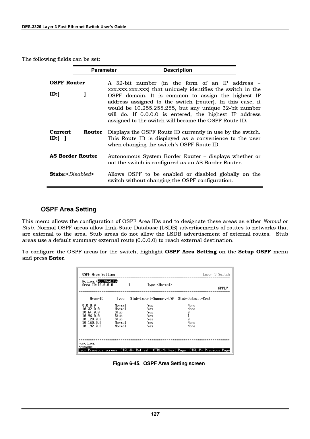 D-Link DES-3326 manual Ospf Area Setting, Ospf Router, Current Router, AS Border Router, State Disabled 