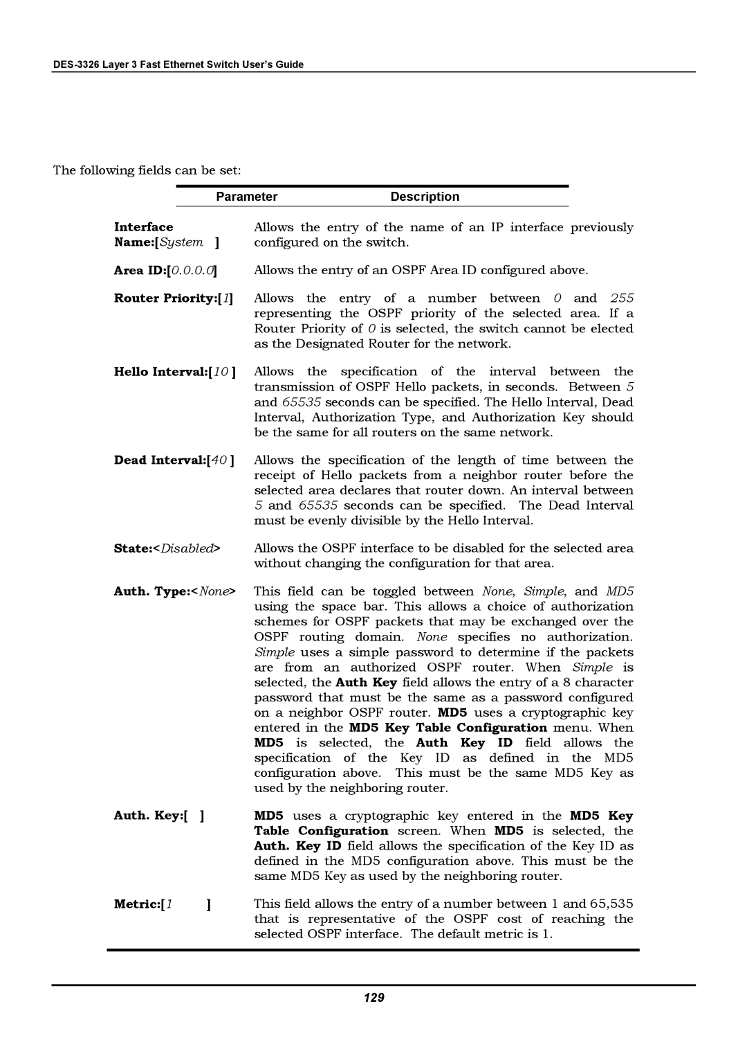 D-Link DES-3326 manual Area ID, Router Priority, Hello Interval, Dead Interval, Auth. Type None, Auth. Key, Metric 