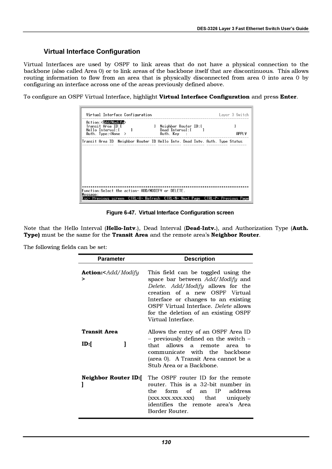 D-Link DES-3326 manual Virtual Interface Configuration, Description, Transit Area, Neighbor Router ID, 130 