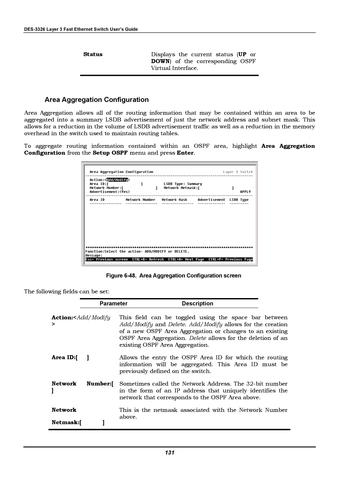 D-Link DES-3326 manual Area Aggregation Configuration, Status, Network Number, Netmask 