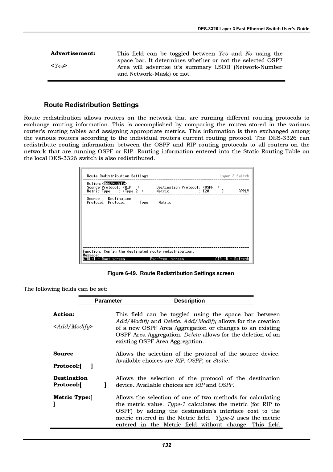 D-Link DES-3326 manual Route Redistribution Settings 