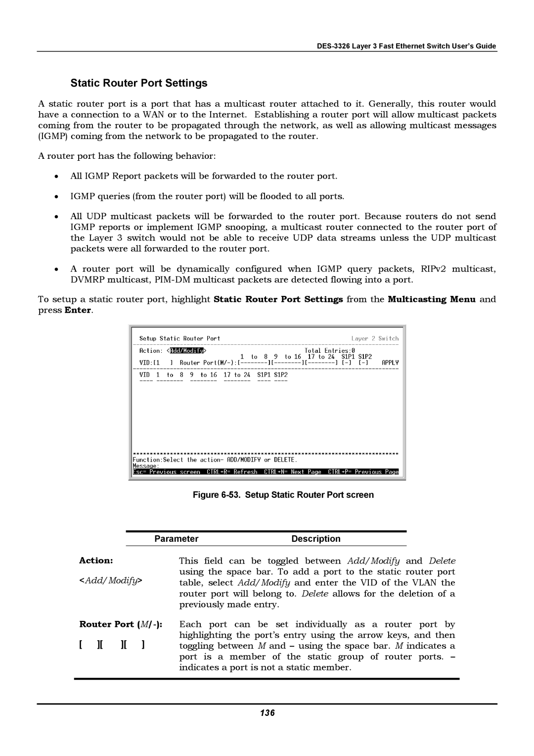 D-Link DES-3326 manual Static Router Port Settings, Router Port M, 136 