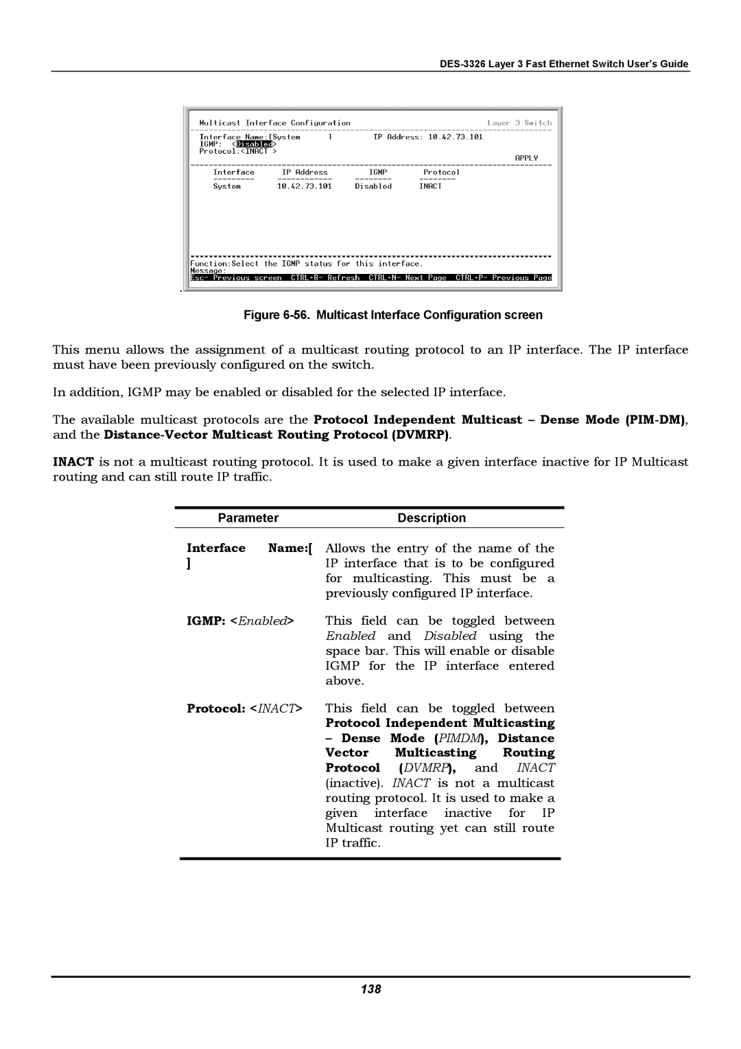 D-Link DES-3326 manual Interface Name, Igmp Enabled, 138 