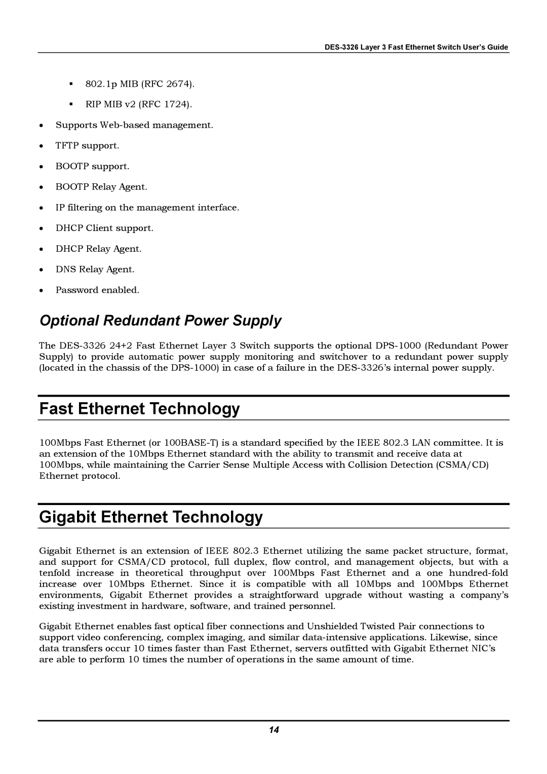 D-Link DES-3326 manual Fast Ethernet Technology, Gigabit Ethernet Technology, Optional Redundant Power Supply 