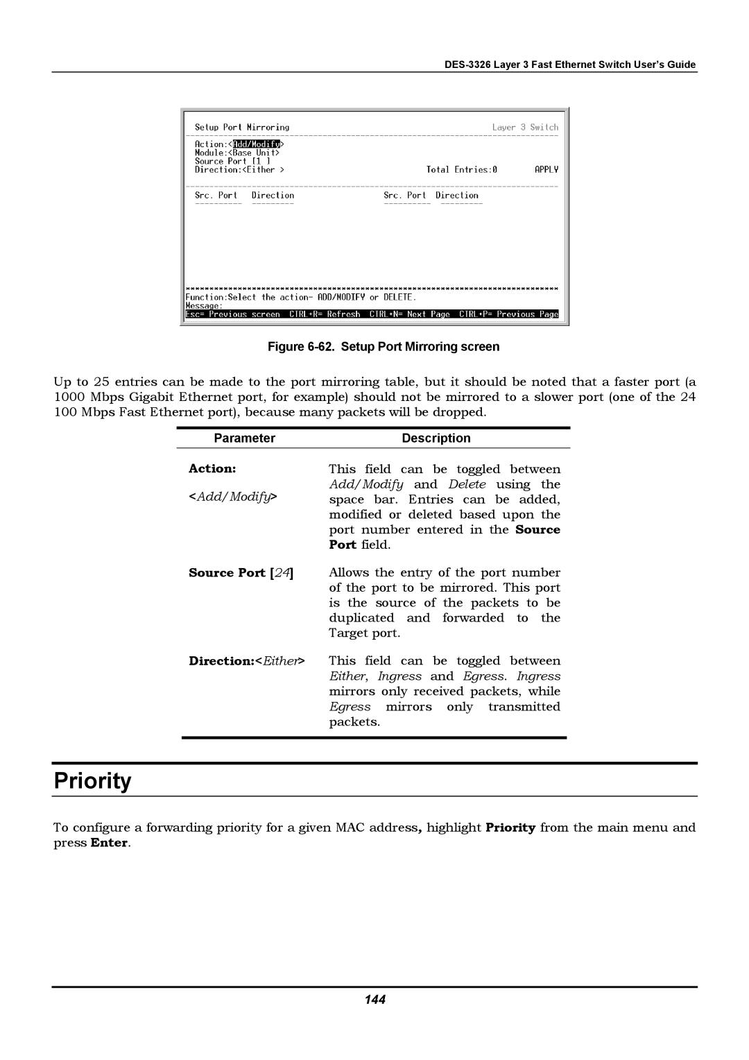 D-Link DES-3326 manual Priority, 144 