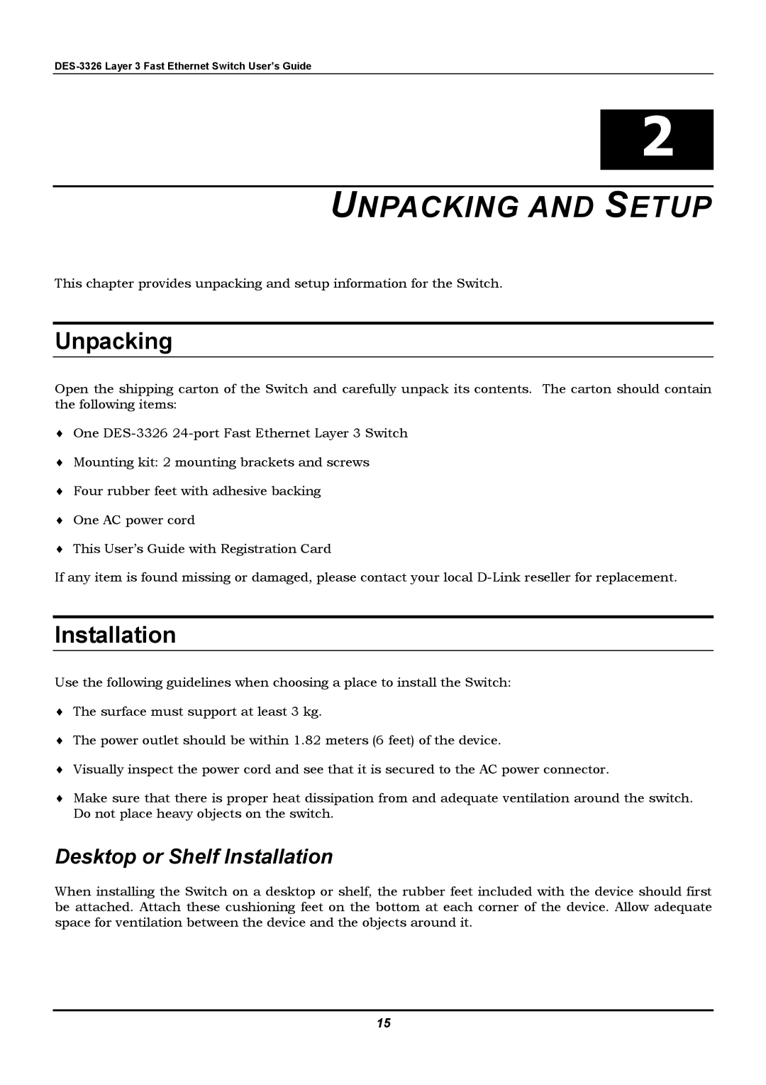 D-Link DES-3326 manual Unpacking, Desktop or Shelf Installation 