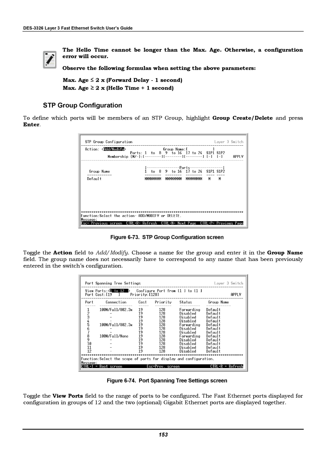 D-Link DES-3326 manual STP Group Configuration, 153 